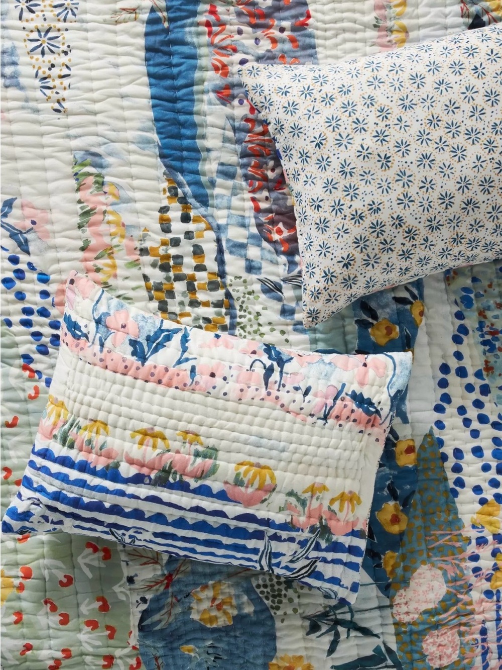 Anthropologie Quilted Floral Stripe Pillow Sham in Blue, Pink, Yellow